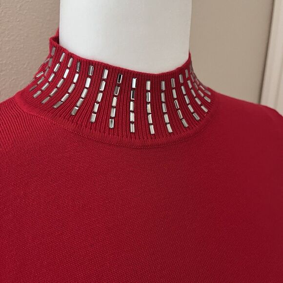 Calvin Klein Women's Red Mock Neck Studded Bell Sleeve Sheath Dress Size Medium - Picture 7 of 7